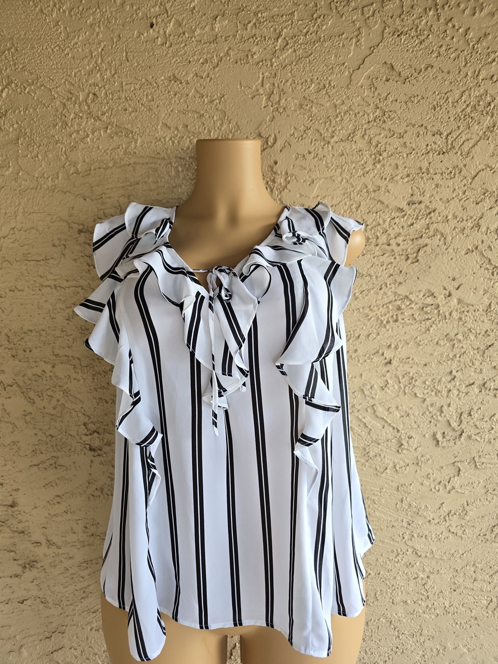 Worthington Striped Ruffle Tie-Neck Sleeveless Blouse in White and Black
